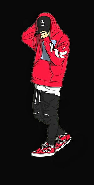 Illustration of a person in a red hoodie and black cap with the number 3, wearing cargo pants and red sneakers against a black background HD phone wallpaper