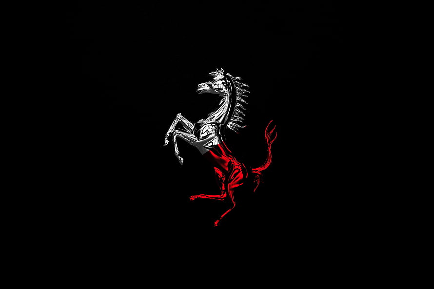 Ferrari Prancing Horse Emblem in Chrome and Red on Black Background HD wallpaper