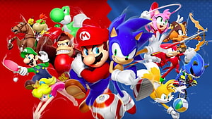 Mario and Sonic at the Olympic Games featuring Nintendo and Sega characters in dynamic sports action HD wallpaper