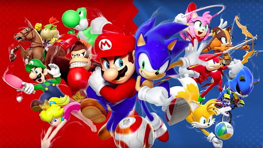 Mario and Sonic at the Olympic Games featuring Nintendo and Sega characters in dynamic sports action HD wallpaper