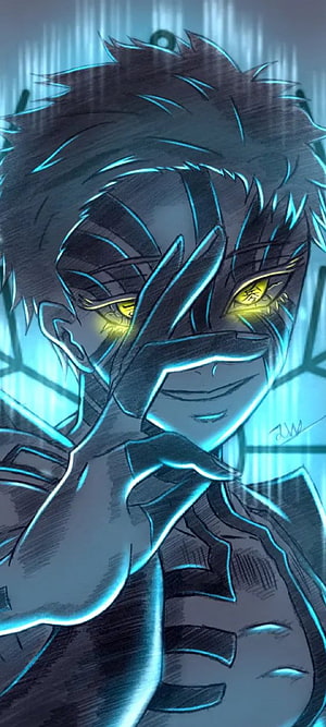 Akaza from Demon Slayer with glowing yellow eyes and blue energy aura in dark anime style HD phone wallpaper