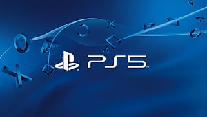 PlayStation 5 Logo With Floating Controller Symbols On Deep Blue Background HD wallpaper
