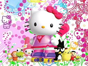 Hello Kitty and Sanrio Friends in a Colorful Pink and Purple Cartoon Scene HD wallpaper