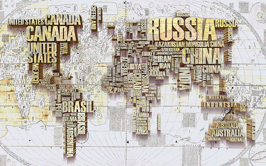 Vintage 3D Typography World Map with Country Names in Golden Text HD wallpaper