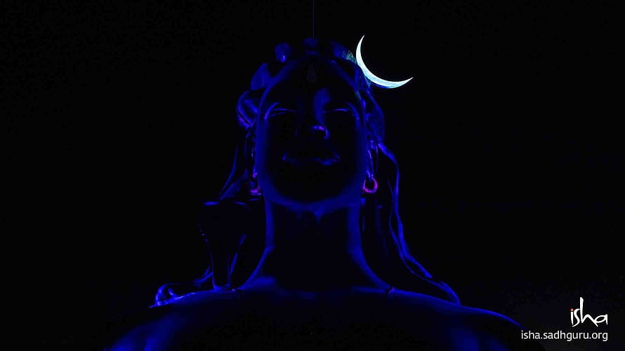 Adiyogi Shiva Meditation Portrait with Crescent Moon in Deep Blue Light HD wallpaper