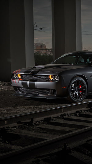 Matte Gray Dodge Challenger SRT Hellcat with Red Accents on Train Tracks HD phone wallpaper
