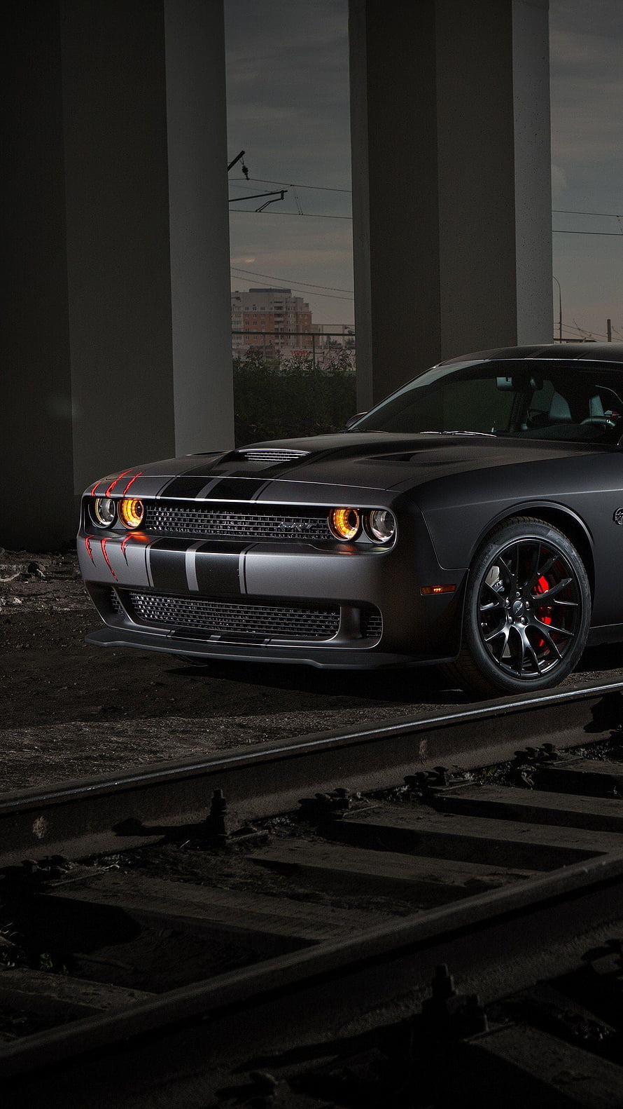 Matte Gray Dodge Challenger SRT Hellcat with Red Accents on Train Tracks HD phone wallpaper