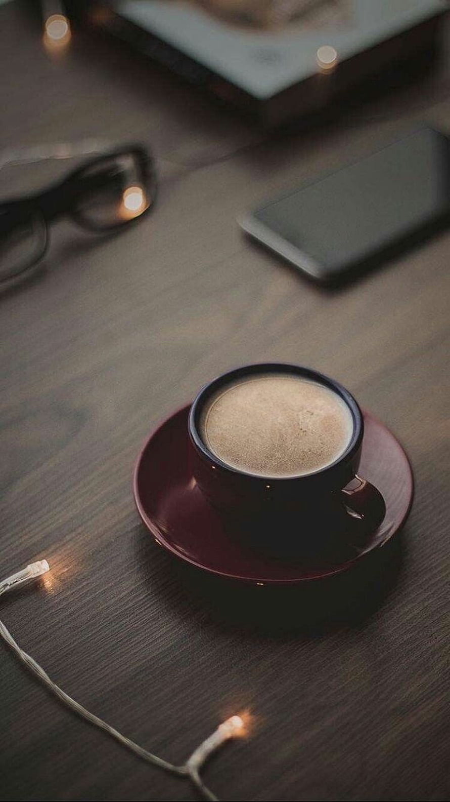 Cozy Aesthetic Coffee Cup on Dark Wood Table with Warm Fairy Lights HD phone wallpaper