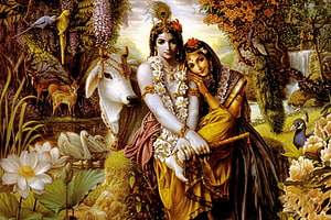 Radha Krishna in a Lush Forest with White Cow and Lotus Flowers HD wallpaper