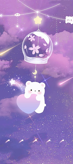 Cute White Bear Holding Heart in Dreamy Purple Starry Sky with Glass Dome and Cherry Blossoms HD phone wallpaper