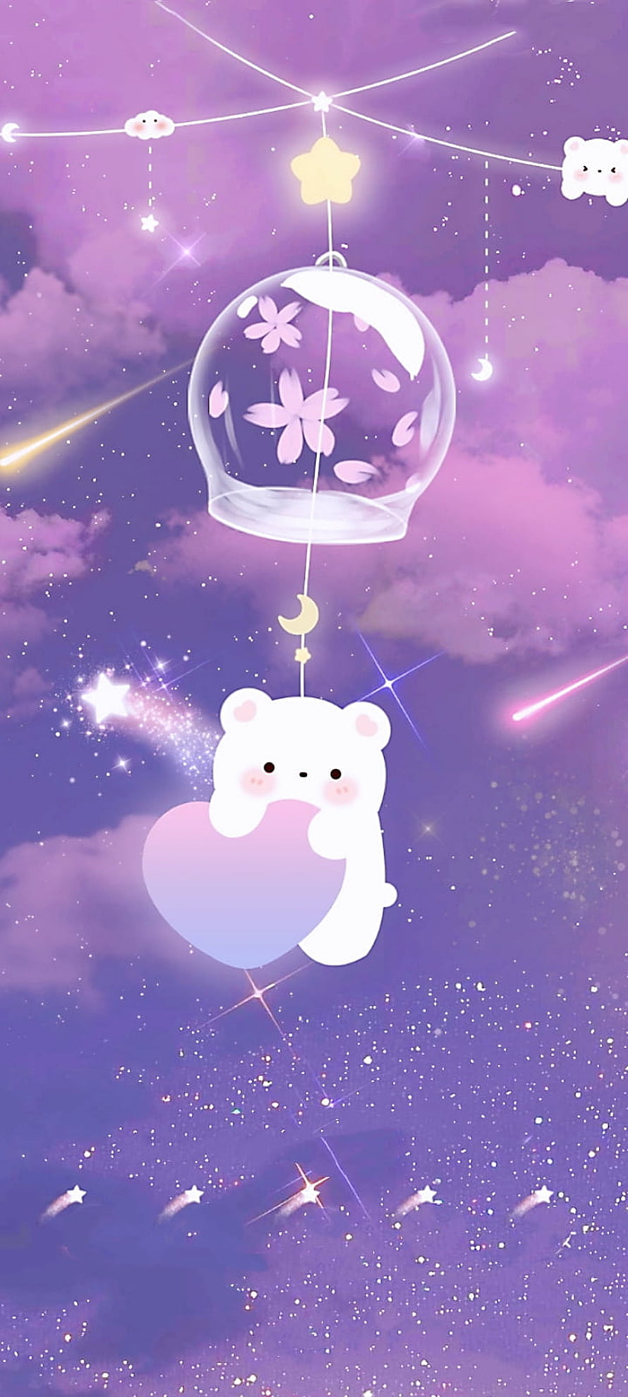 Cute White Bear Holding Heart in Dreamy Purple Starry Sky with Glass Dome and Cherry Blossoms HD phone wallpaper