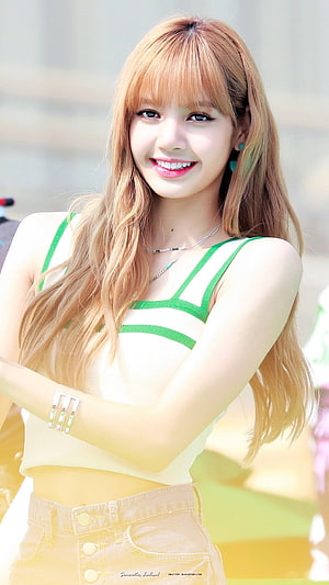Lisa from Blackpink in a cream and green striped top with long blonde hair HD phone wallpaper