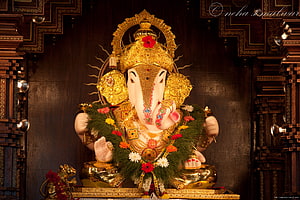Dagdusheth Ganpati Murti Adorned With Gold Crown And Floral Garland HD wallpaper