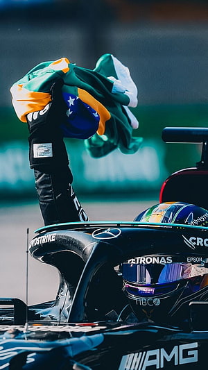 Lewis Hamilton celebrating in Mercedes F1 car with Brazilian flag HD phone wallpaper