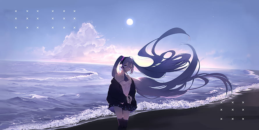Hatsune Miku standing on a moonlit beach with flowing hair and ocean waves HD wallpaper