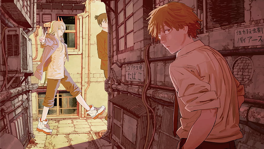 Anime boys in a narrow urban alleyway with warm sunset lighting and detailed background architecture HD wallpaper