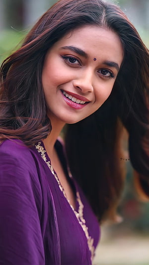 Keerthy Suresh Portrait in Purple Ethnic Wear with Gold Embroidery HD phone wallpaper