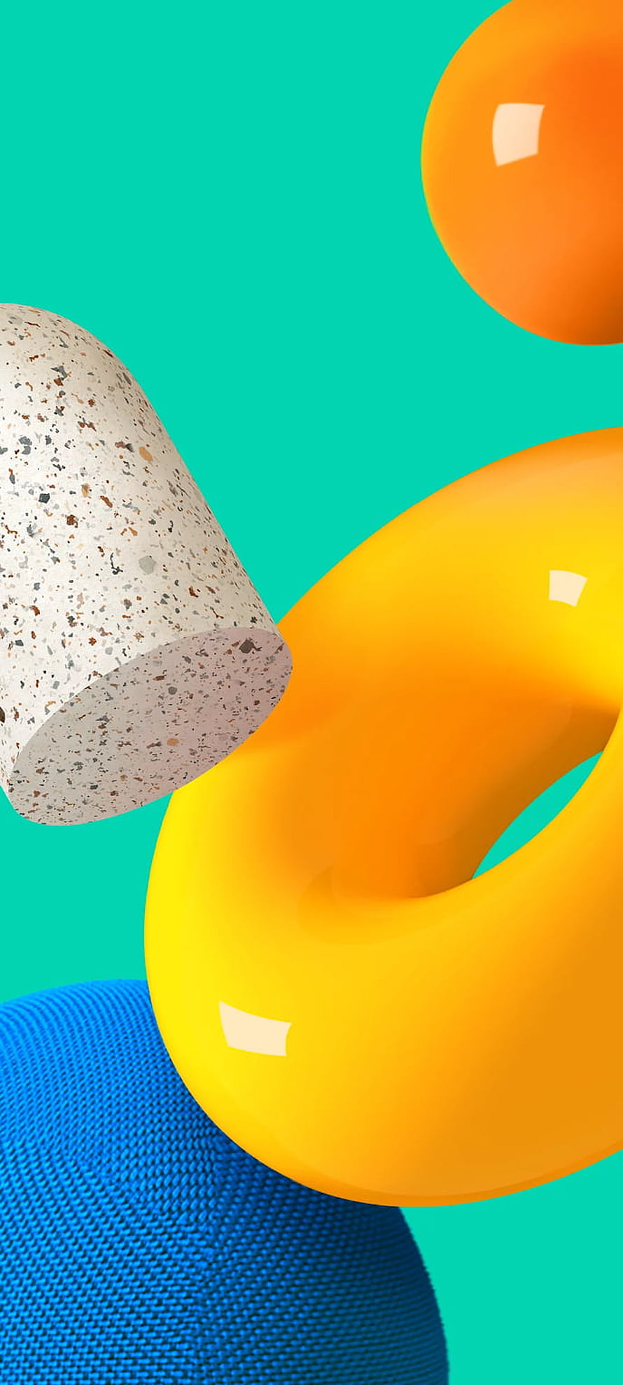 Abstract 3D Geometric Shapes With Terrazzo, Knit, and Glossy Textures on Teal Background HD phone wallpaper
