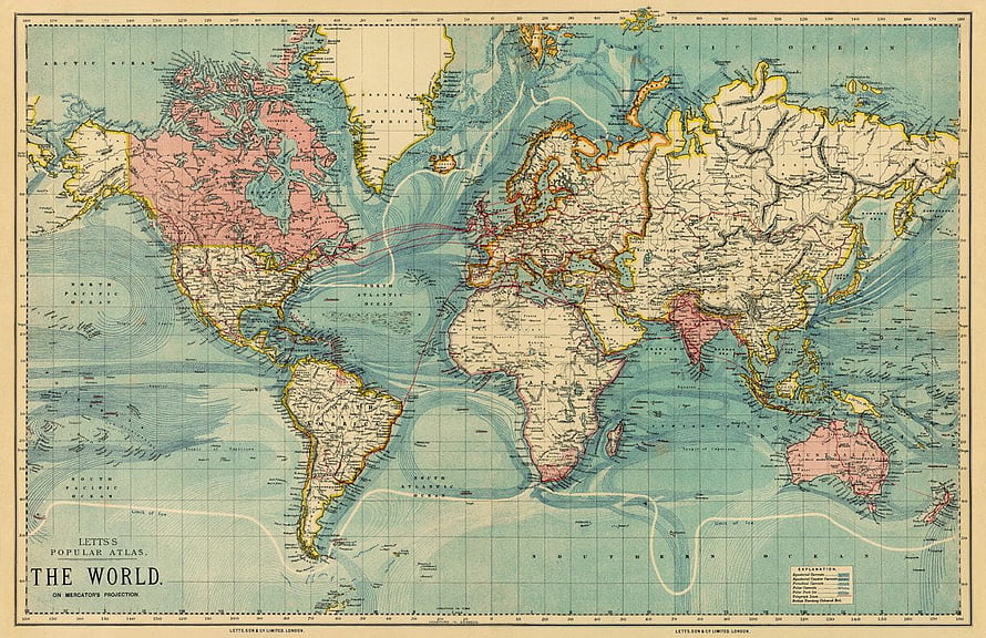 Antique Mercator Projection World Map from Letts Popular Atlas HD wallpaper