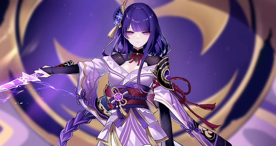 Raiden Shogun wielding Electro sword in purple and white outfit with glowing energy background HD wallpaper