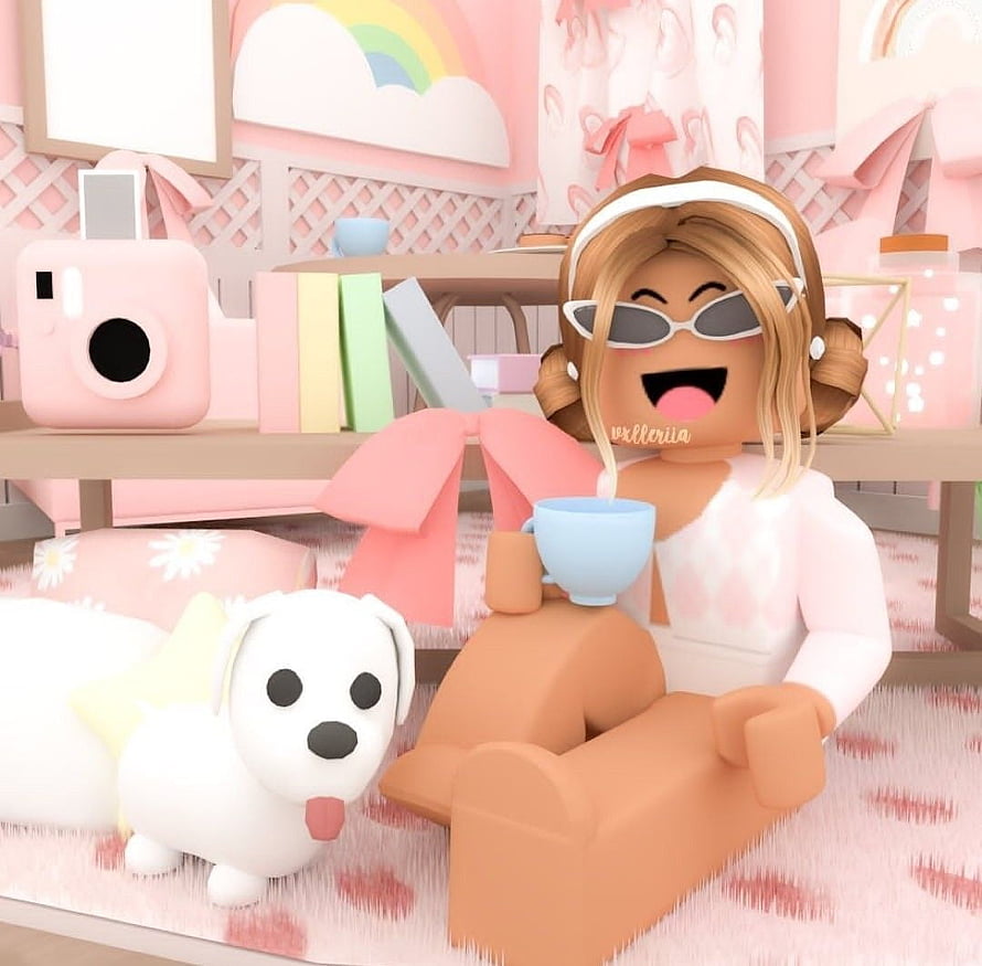 Cute Roblox Girl With Sunglasses And White Puppy In Pink Room HD wallpaper