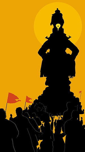 Silhouette of a Hindu deity statue with a crowd and flags against a golden sun background HD phone wallpaper