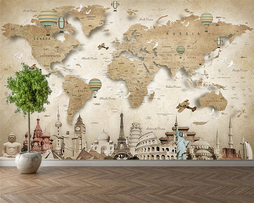 Vintage World Map Wall Mural Featuring Global Landmarks and Travel Elements HD wallpaper