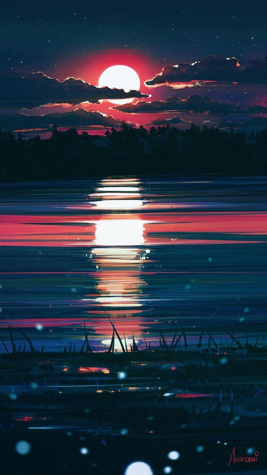 Vibrant Digital Sunset Over Calm Lake with Glowing Reflections and Silhouetted Forest HD phone wallpaper