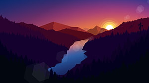 Minimalist Vector Mountain Landscape with Winding River at Sunset HD wallpaper