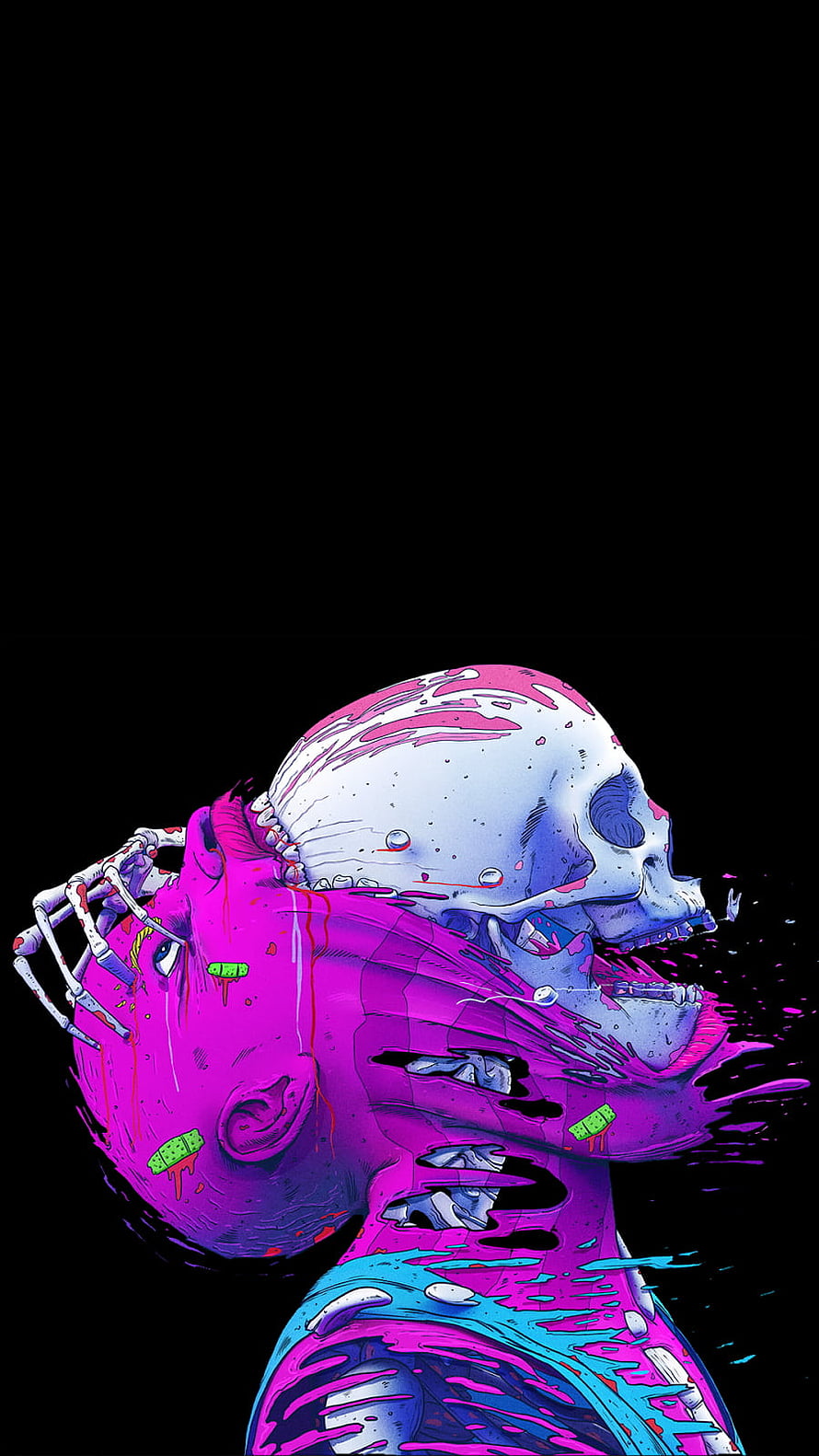 Psychedelic Skull Art with Neon Pink and Cyan Splatter on Black Background HD phone wallpaper