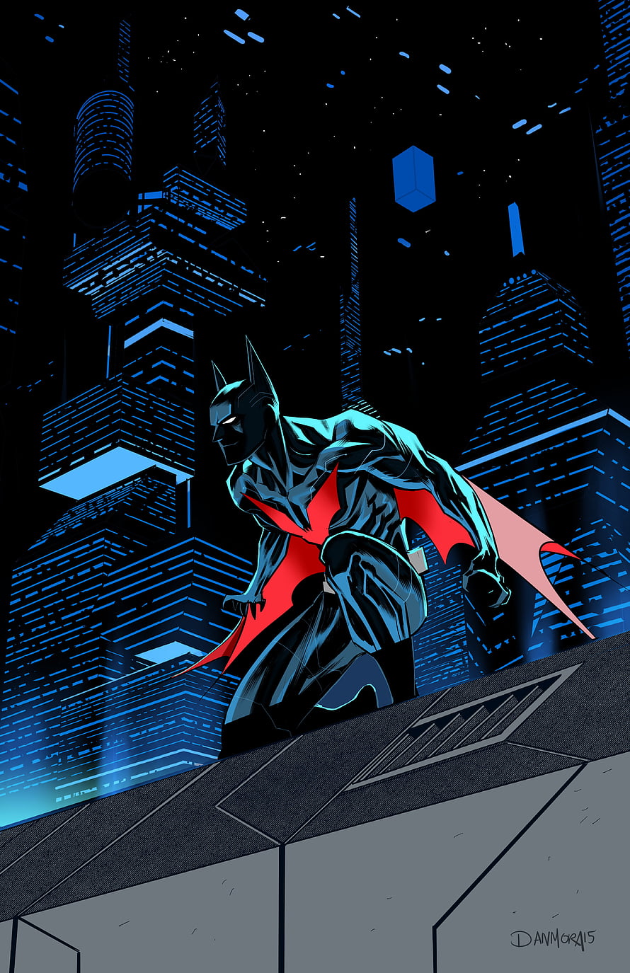 Batman crouching on rooftop with red cape against blue neon city skyline, Batman Beyond, future batman, dark, artwork HD phone wallpaper