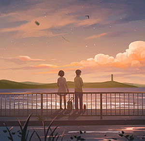 Anime Couple Watching Sunset Over the Sea From a Railing HD wallpaper