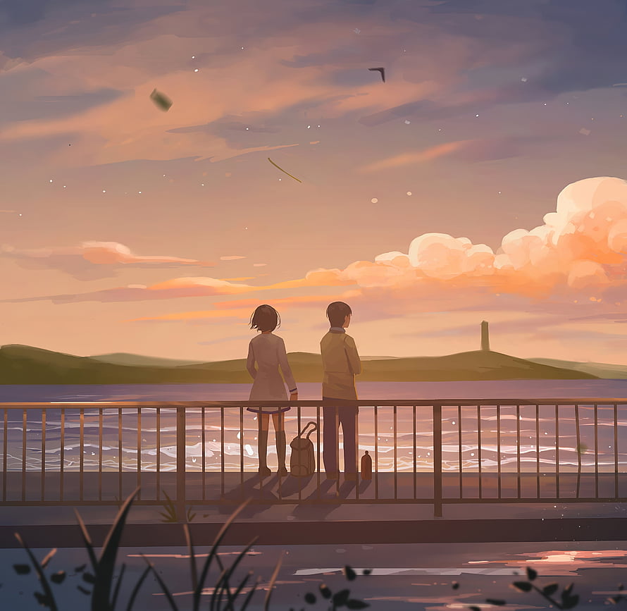 Anime Couple Watching Sunset Over the Sea From a Railing HD wallpaper
