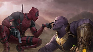 Deadpool and Thanos Face-Off in Epic Comic Book Confrontation HD wallpaper