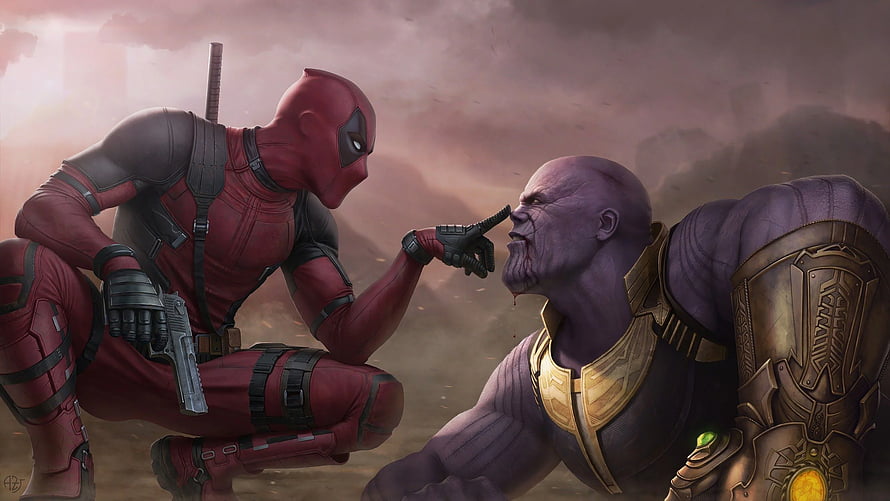 Deadpool and Thanos Face-Off in Epic Comic Book Confrontation HD wallpaper