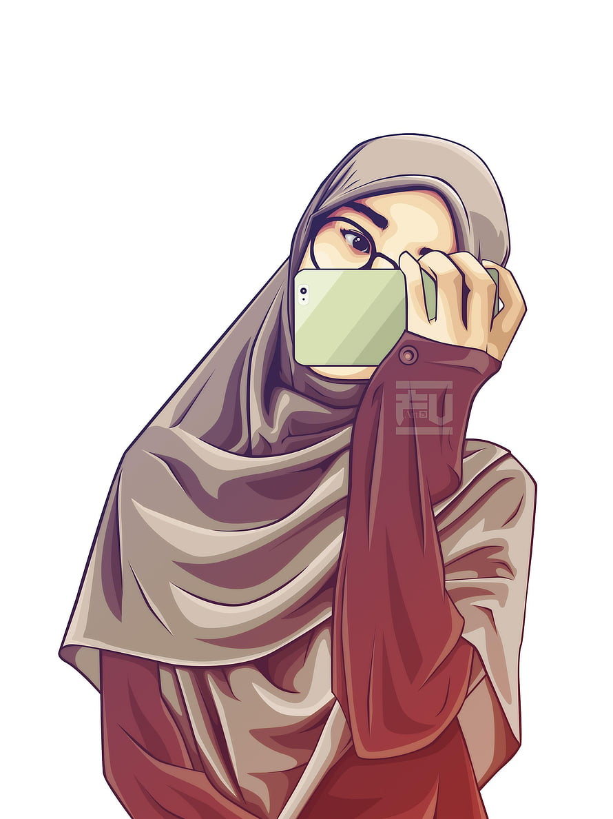 Digital Illustration of a Woman in a Hijab Holding a Smartphone to Her Face, Hijab Girl Anime HD phone wallpaper
