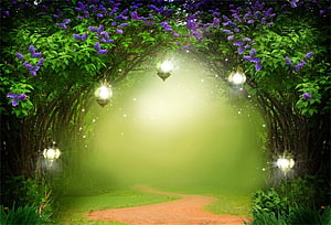 Enchanted Garden Archway With Glowing Lanterns And Purple Lilac Blossoms HD wallpaper
