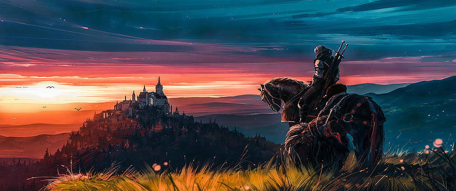 Fantasy Knight on Horseback Watching Sunset Over Distant Castle HD wallpaper
