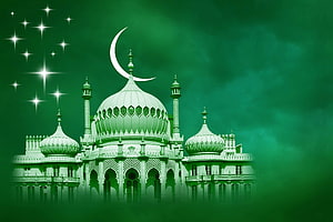 Green Islamic Mosque with Crescent Moon and Starry Night Sky HD wallpaper