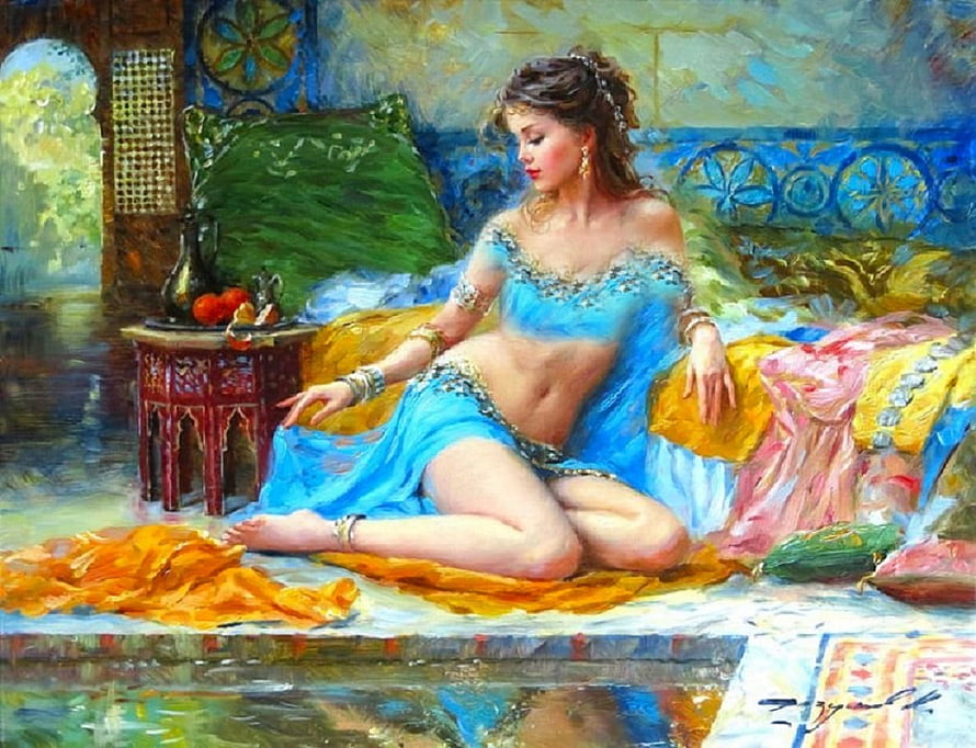 Oil Painting of a Woman in Blue Harem Attitude Sitting on Cushions, Exotic Beauty, razumov, harem, art, exotic, girl, beautiful, odalisque, konstantin, woman, belly, digital, painting, fantasy, pretty, muze HD wallpaper
