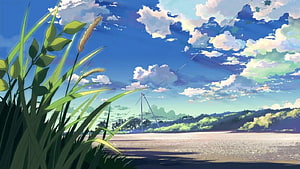Studio Ghibli Aesthetic Landscape with Tall Grass and Cloudy Sky HD wallpaper