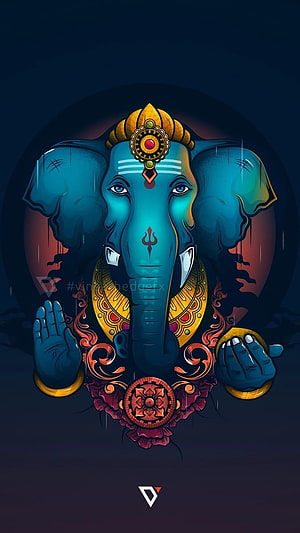 Blue Lord Ganesha Digital Art with Golden Crown and Trishul Symbol HD phone wallpaper