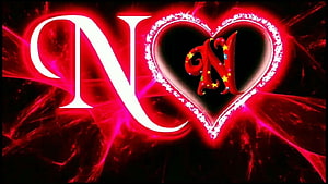 Glowing Red Letter N With Heart Frame And Sparkling Stars On Dark Background HD wallpaper