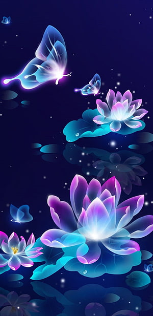 Glowing Neon Lotus Flowers and Luminous Butterflies on a Deep Blue Night Background HD phone wallpaper