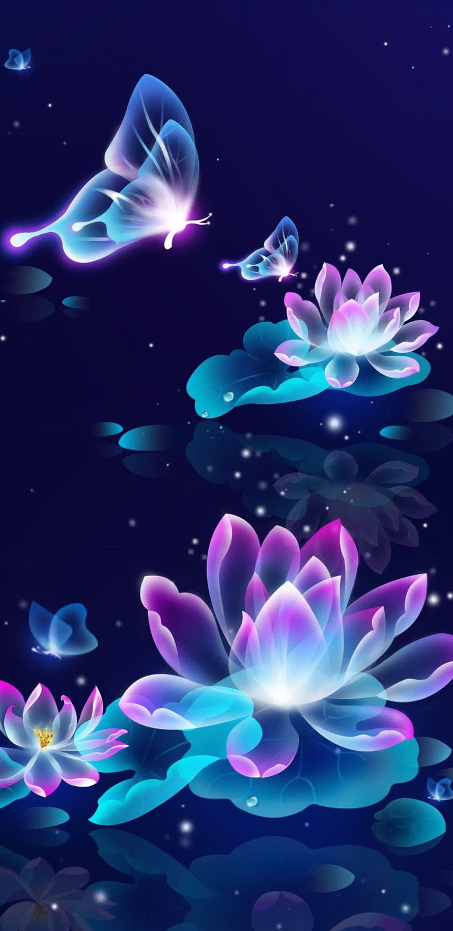 Glowing Neon Lotus Flowers and Luminous Butterflies on a Deep Blue Night Background HD phone wallpaper