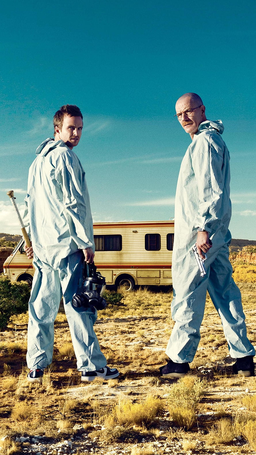 Breaking Bad Walter White and Jesse Pinkman in Hazmat Suits with RV in Desert, Breaking Bad . Moviemania. Breaking bad poster, Breaking bad, Breaking bad jesse, Jesse Pinkman HD phone wallpaper