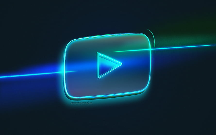 Neon Blue YouTube Play Button Logo with Glowing Light Streaks on Dark Background HD wallpaper