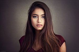Studio Portrait of a Young Woman with Long Dark Hair and Maroon Top, Unknown Model, babe, lady, model, woman HD wallpaper