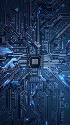 Futuristic Blue Circuit Board with Glowing Microchip and Electronic Traces HD phone wallpaper