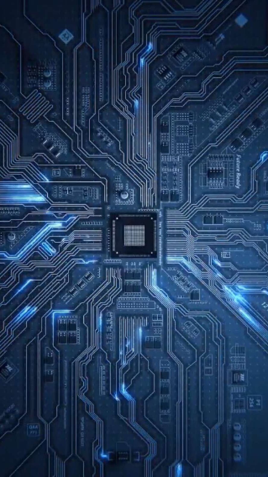 Futuristic Blue Circuit Board with Glowing Microchip and Electronic Traces HD phone wallpaper